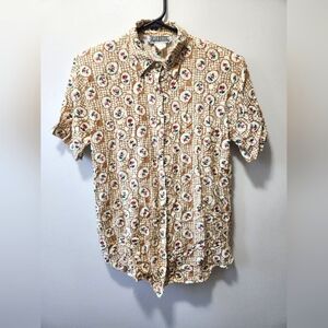 Vintage Union Khaki Floral Beige Woman's Short Sleeve Shirt Size M Shoulder Caps